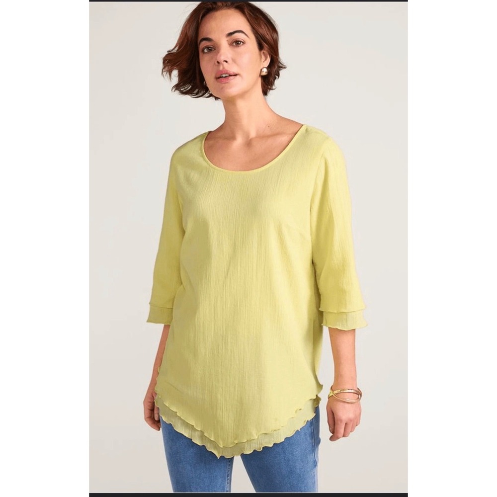 Soft Surroundings Yellow Gauze Tunic Top XL 3/4 Sleeve Cotton Lightweight